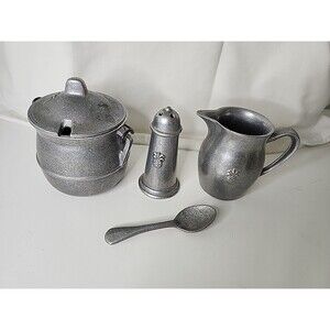 Lot-5 pc Carson Pewter Sugar/Creamer, Toothpick Holder set-pineapple logo